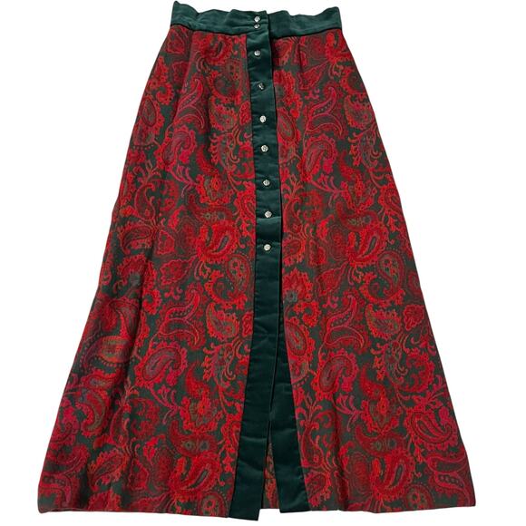 Vintage Lanz Skirt Long Paisley Brocade with Velvet Red Green Button Front Sz 13 - Picture 1 of 7